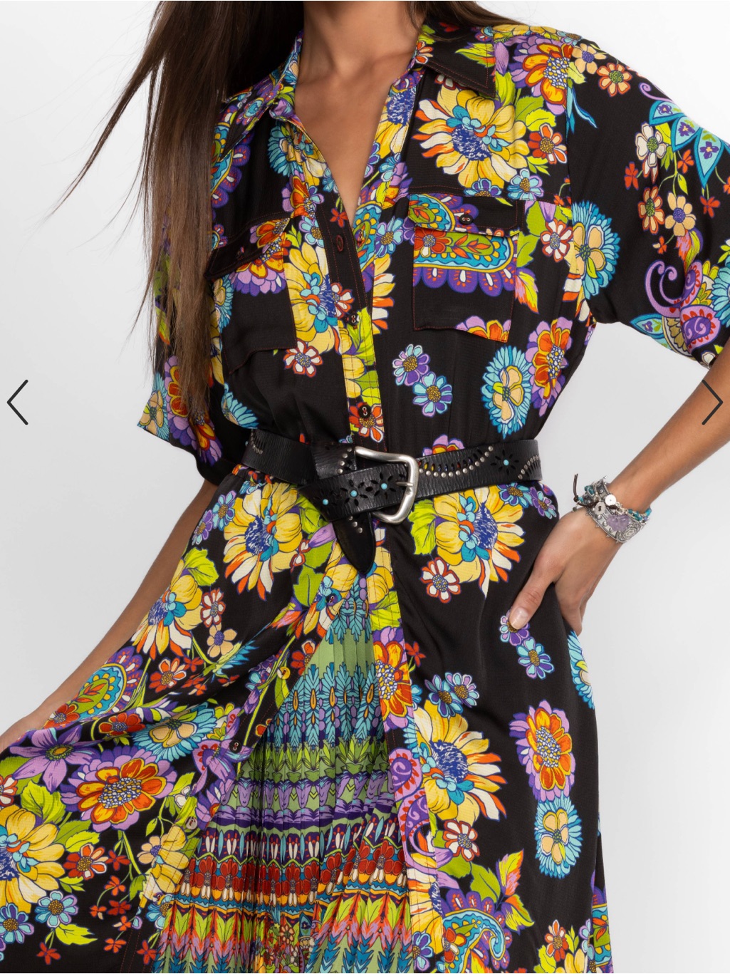 Johnny Was Catriona Black Floral Midi Dress With Yellow, Purple & Blue Print